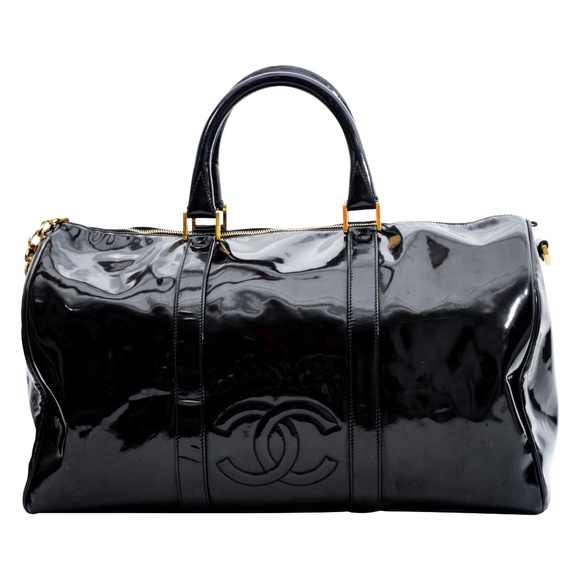 CHANEL VINTAGE BLACK PATENT CC DUFFLE BOSTON BAG (1996) - Picture 1 of 9